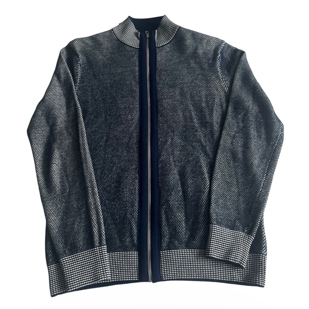Robert Graham Full Zip Knit Sweater Wool Blend Pockets Blue Preppy Mens Medium